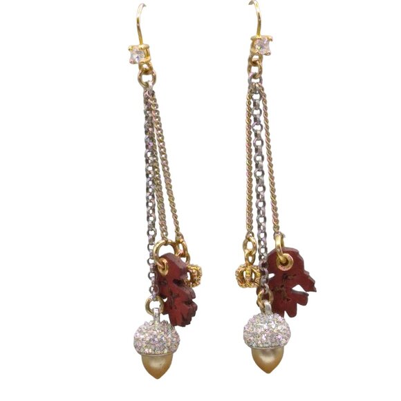 Autumn Dangle Drop Earrings with Leather Leaf, Pave Acorn, and Crown Charms - Picture 1 of 3